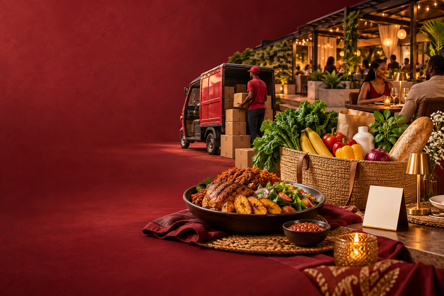 A Chumble scene combining a prepared meal, local groceries, a restaurant venue and cargo delivery
