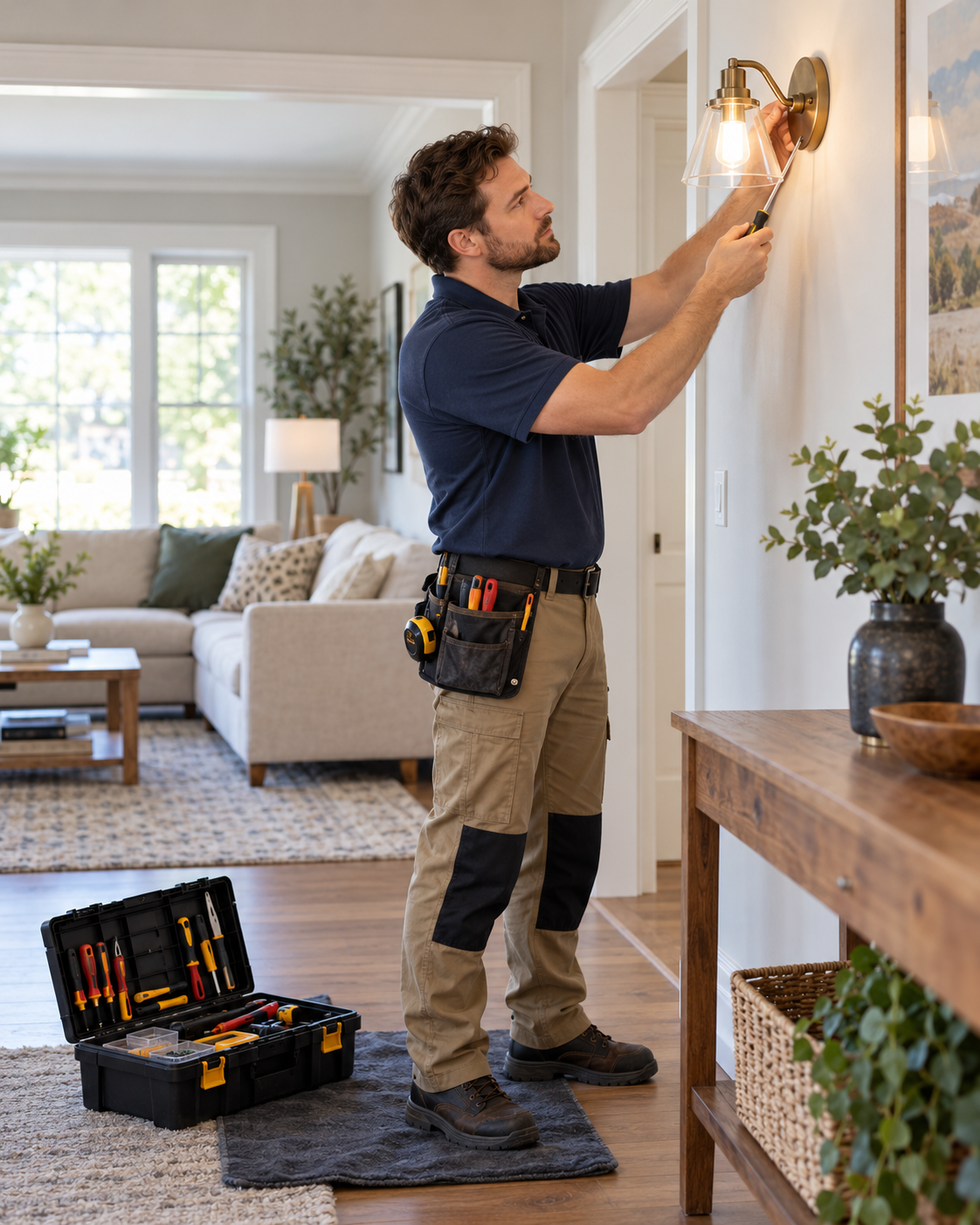 A local service professional repairing a ceiling light in a home